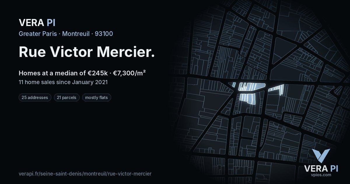 Rue Victor Mercier, Montreuil at night – every parcel coloured by the prices around it, the street's own parcels lit