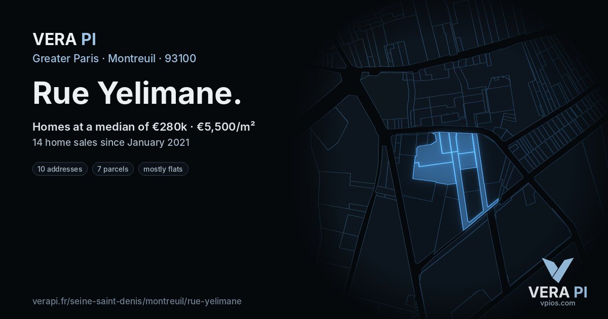 Rue Yelimane, Montreuil at night – every parcel coloured by the prices around it, the street's own parcels lit