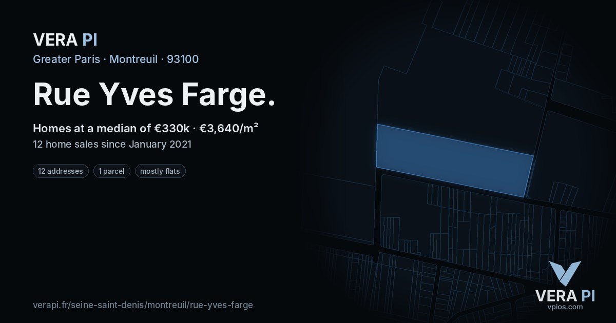 Rue Yves Farge, Montreuil at night – every parcel coloured by the prices around it, the street's own parcels lit