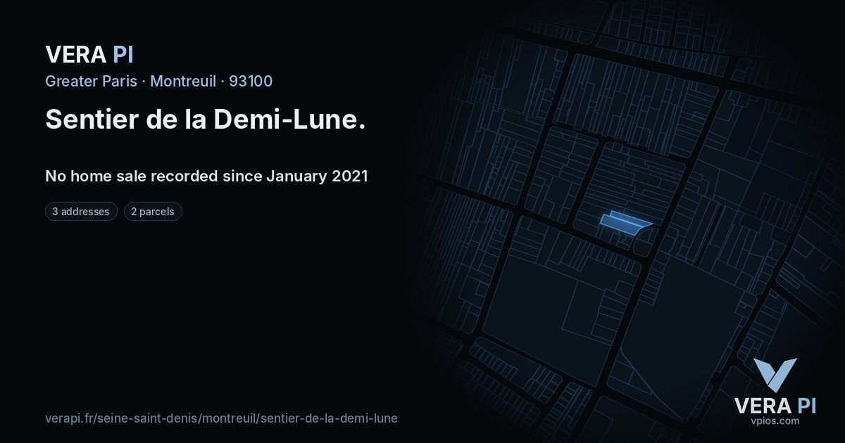 Sentier de la Demi-Lune, Montreuil at night – every parcel coloured by the prices around it, the street's own parcels lit
