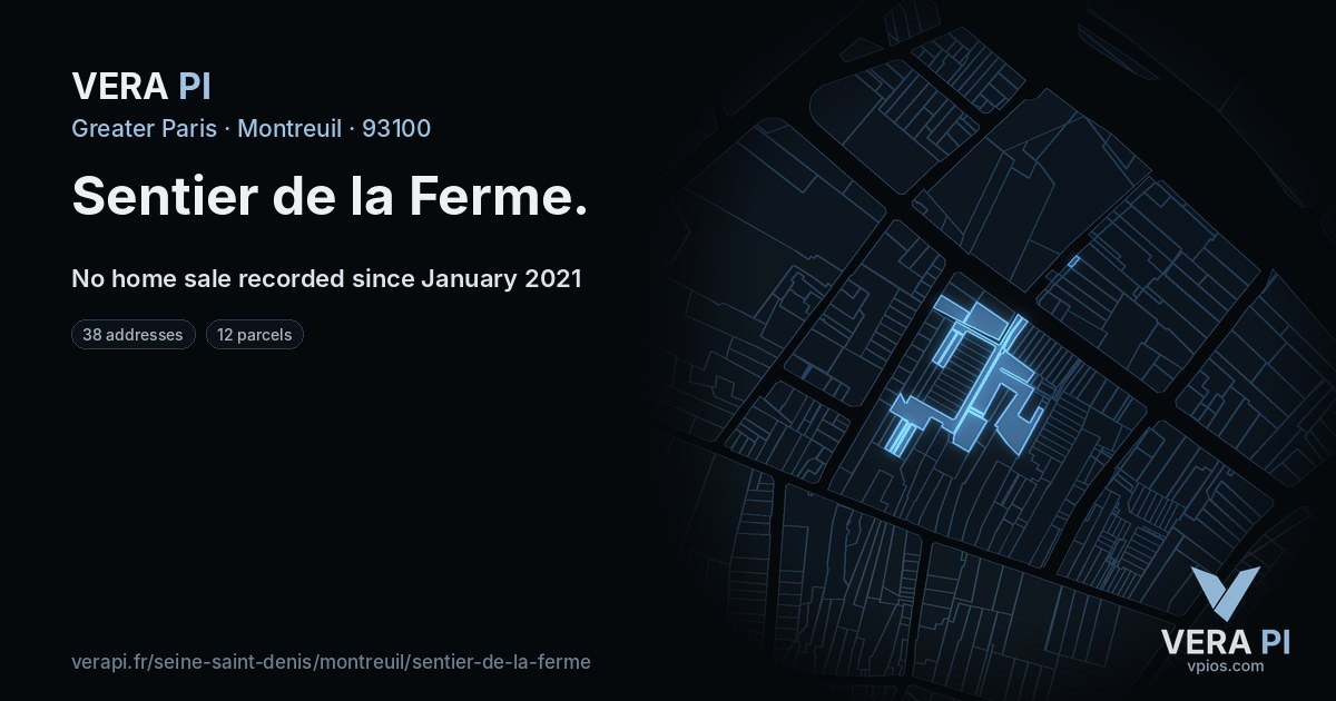 Sentier de la Ferme, Montreuil at night – every parcel coloured by the prices around it, the street's own parcels lit