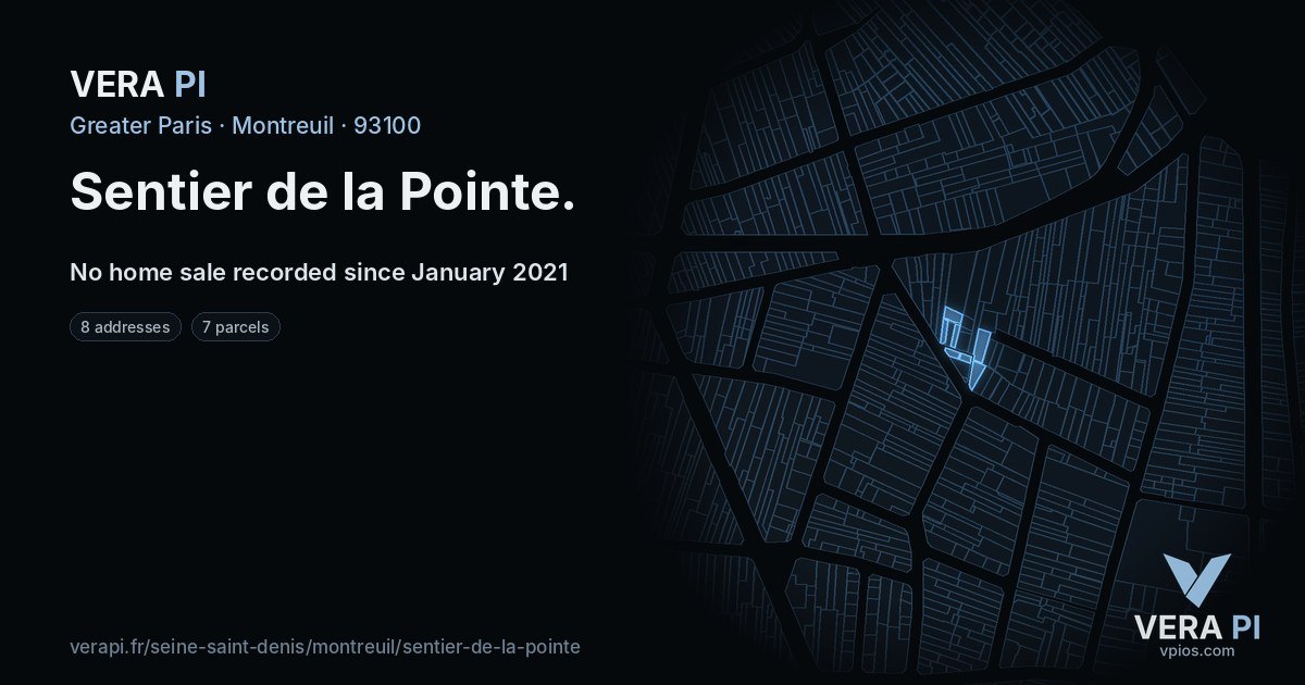 Sentier de la Pointe, Montreuil at night – every parcel coloured by the prices around it, the street's own parcels lit