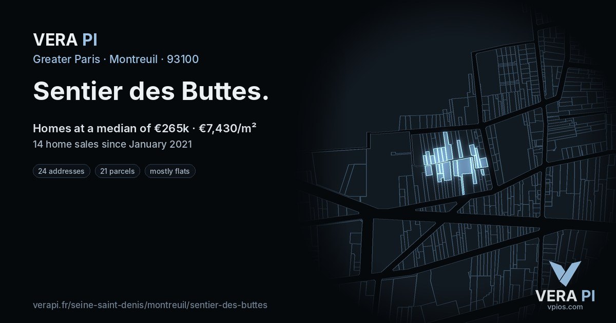 Sentier des Buttes, Montreuil at night – every parcel coloured by the prices around it, the street's own parcels lit