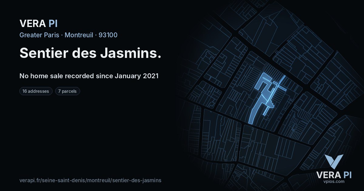 Sentier des Jasmins, Montreuil at night – every parcel coloured by the prices around it, the street's own parcels lit