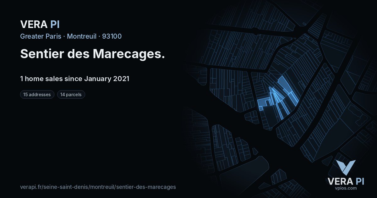 Sentier des Marecages, Montreuil at night – every parcel coloured by the prices around it, the street's own parcels lit