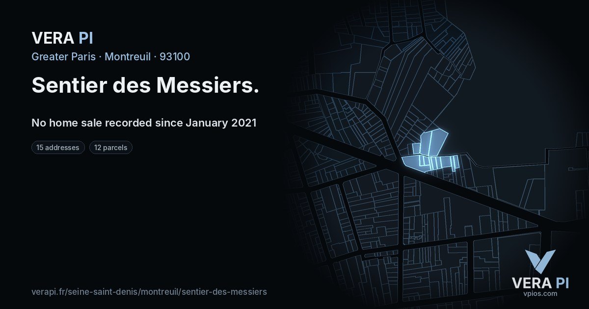 Sentier des Messiers, Montreuil at night – every parcel coloured by the prices around it, the street's own parcels lit