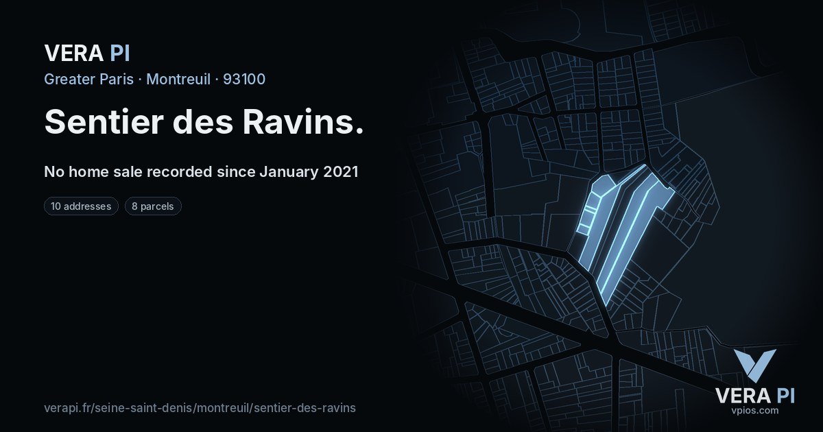 Sentier des Ravins, Montreuil at night – every parcel coloured by the prices around it, the street's own parcels lit