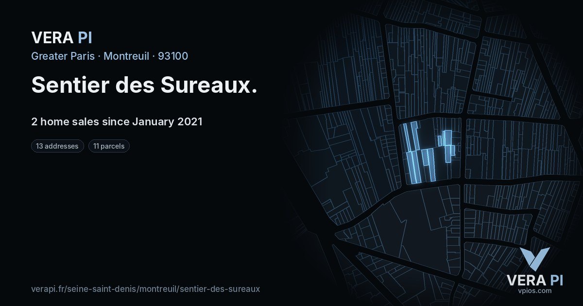 Sentier des Sureaux, Montreuil at night – every parcel coloured by the prices around it, the street's own parcels lit