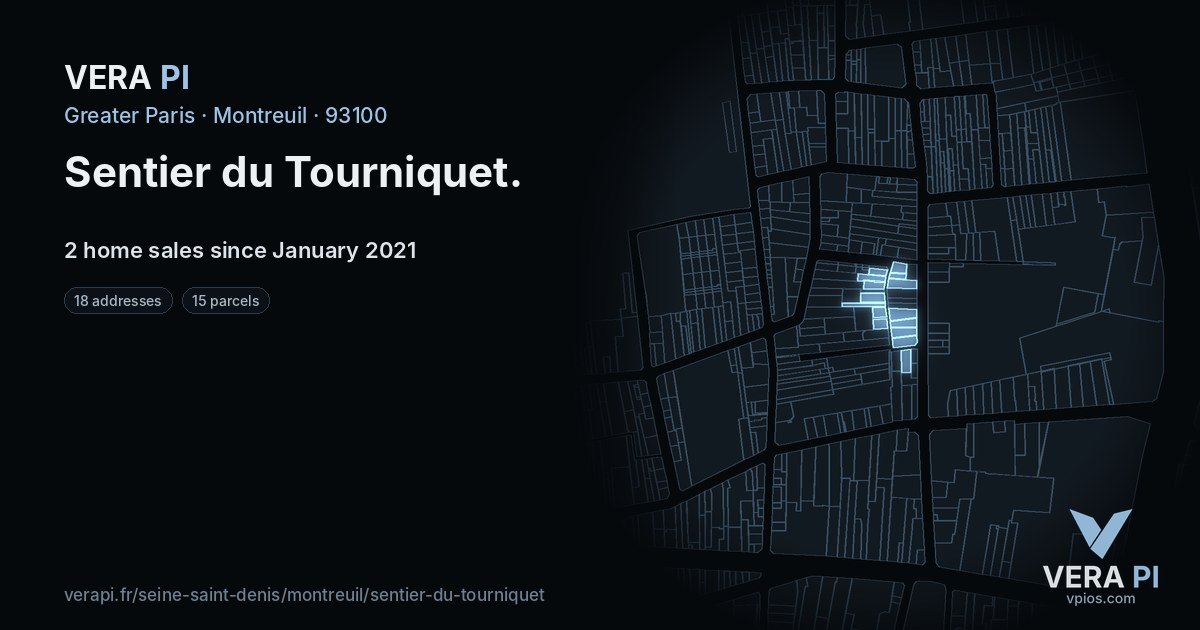 Sentier du Tourniquet, Montreuil at night – every parcel coloured by the prices around it, the street's own parcels lit