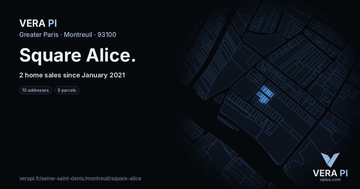 Square Alice, Montreuil at night – every parcel coloured by the prices around it, the street's own parcels lit