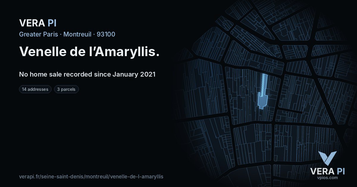 Venelle de l’Amaryllis, Montreuil at night – every parcel coloured by the prices around it, the street's own parcels lit