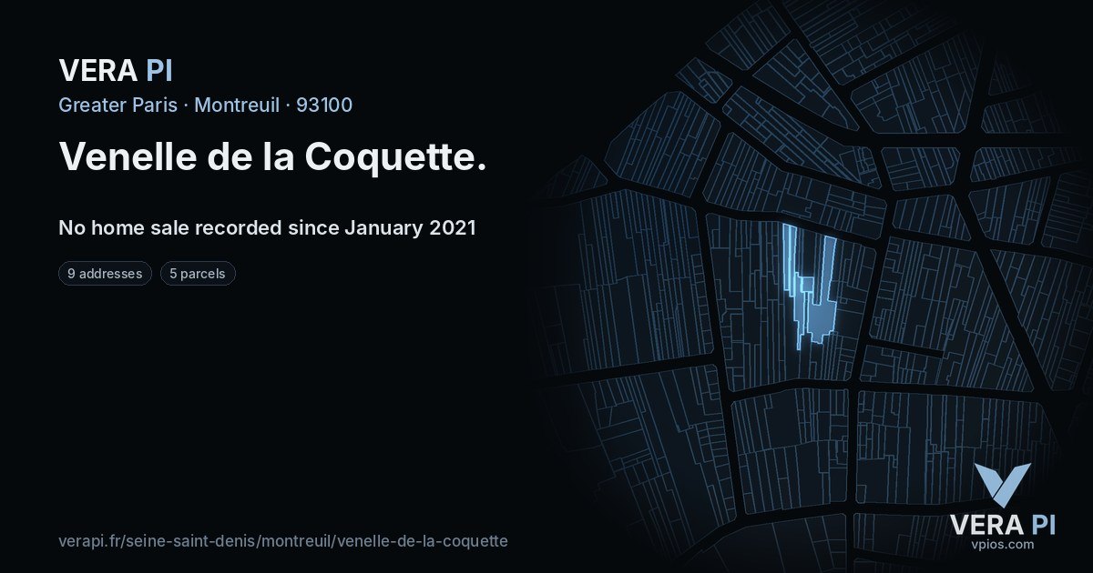 Venelle de la Coquette, Montreuil at night – every parcel coloured by the prices around it, the street's own parcels lit