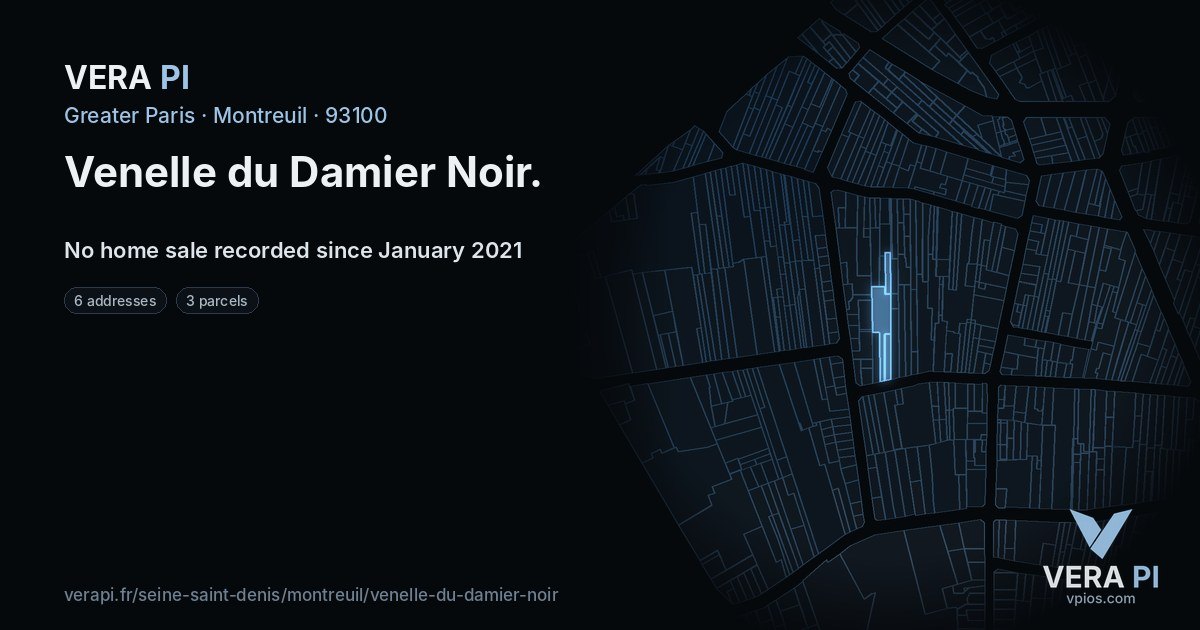 Venelle du Damier Noir, Montreuil at night – every parcel coloured by the prices around it, the street's own parcels lit
