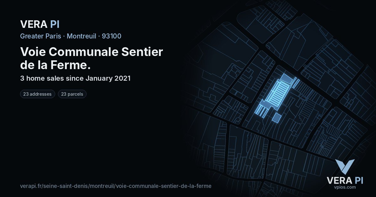 Voie Communale Sentier de la Ferme, Montreuil at night – every parcel coloured by the prices around it, the street's own parcels lit