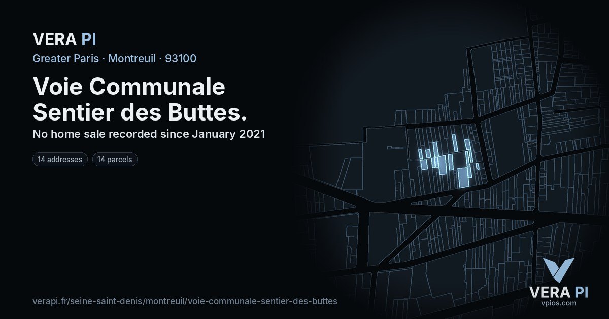 Voie Communale Sentier des Buttes, Montreuil at night – every parcel coloured by the prices around it, the street's own parcels lit