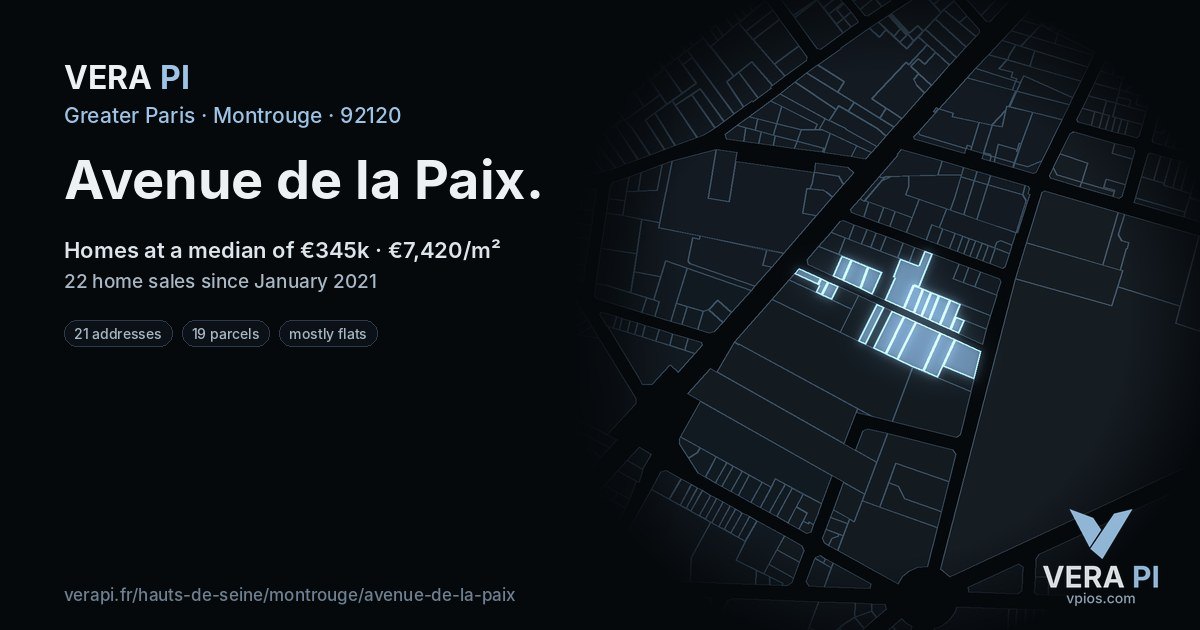 Avenue de la Paix, Montrouge at night – every parcel coloured by the prices around it, the street's own parcels lit