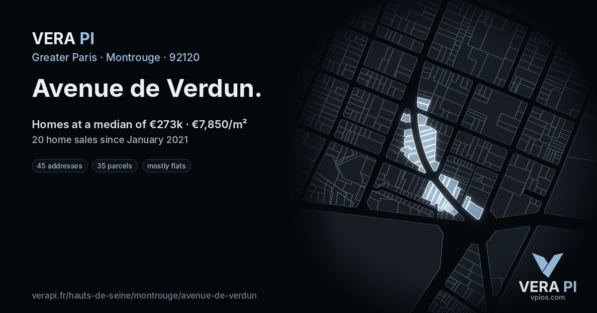 Avenue de Verdun, Montrouge at night – every parcel coloured by the prices around it, the street's own parcels lit
