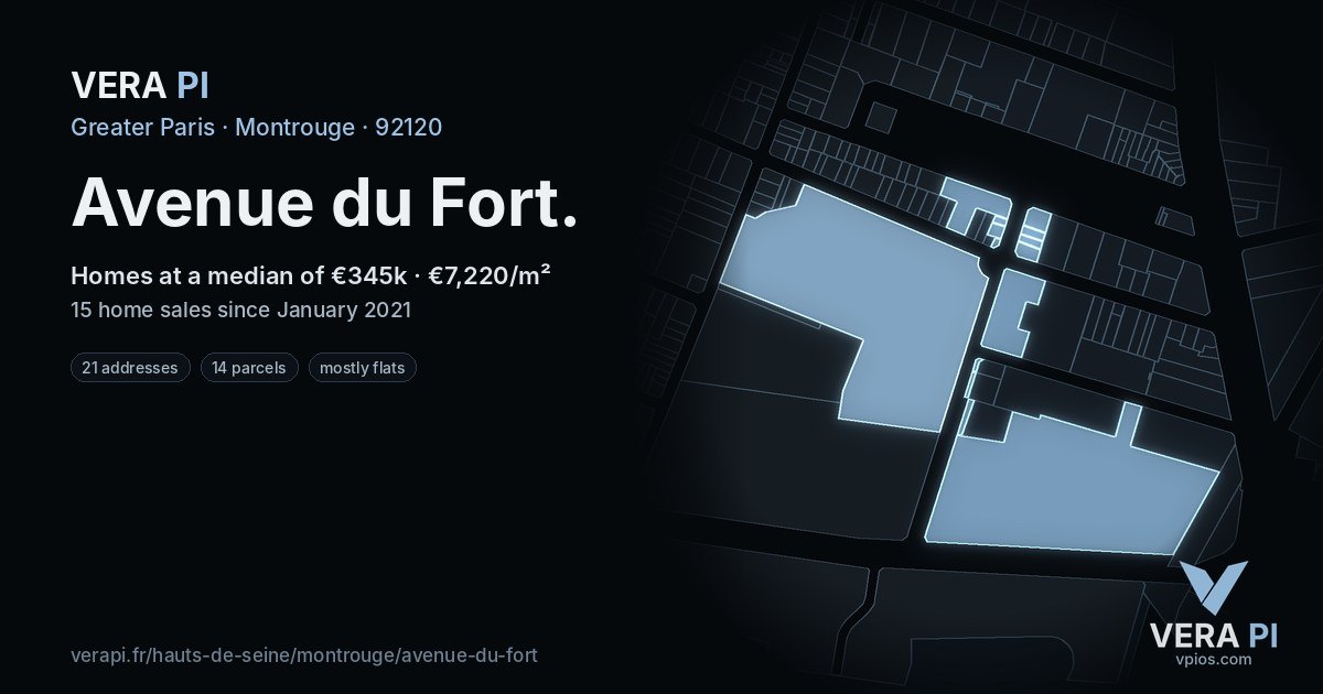 Avenue du Fort, Montrouge at night – every parcel coloured by the prices around it, the street's own parcels lit