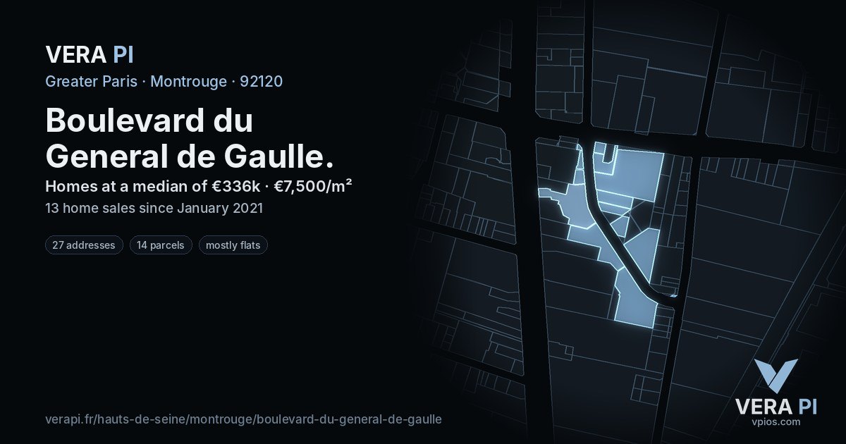 Boulevard du General de Gaulle, Montrouge at night – every parcel coloured by the prices around it, the street's own parcels lit