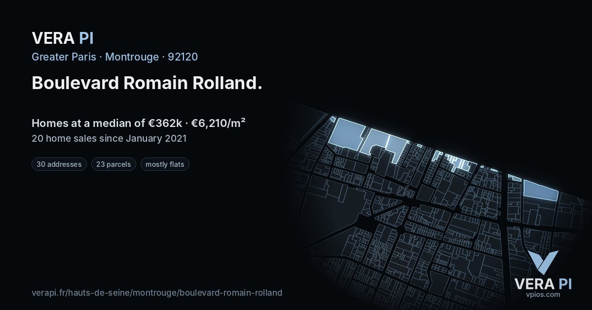 Boulevard Romain Rolland, Montrouge at night – every parcel coloured by the prices around it, the street's own parcels lit