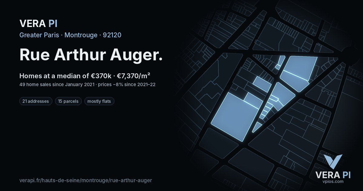 Rue Arthur Auger, Montrouge at night – every parcel coloured by the prices around it, the street's own parcels lit