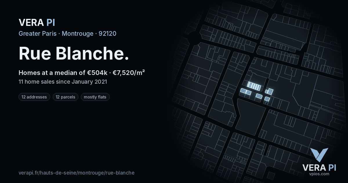 Rue Blanche, Montrouge at night – every parcel coloured by the prices around it, the street's own parcels lit