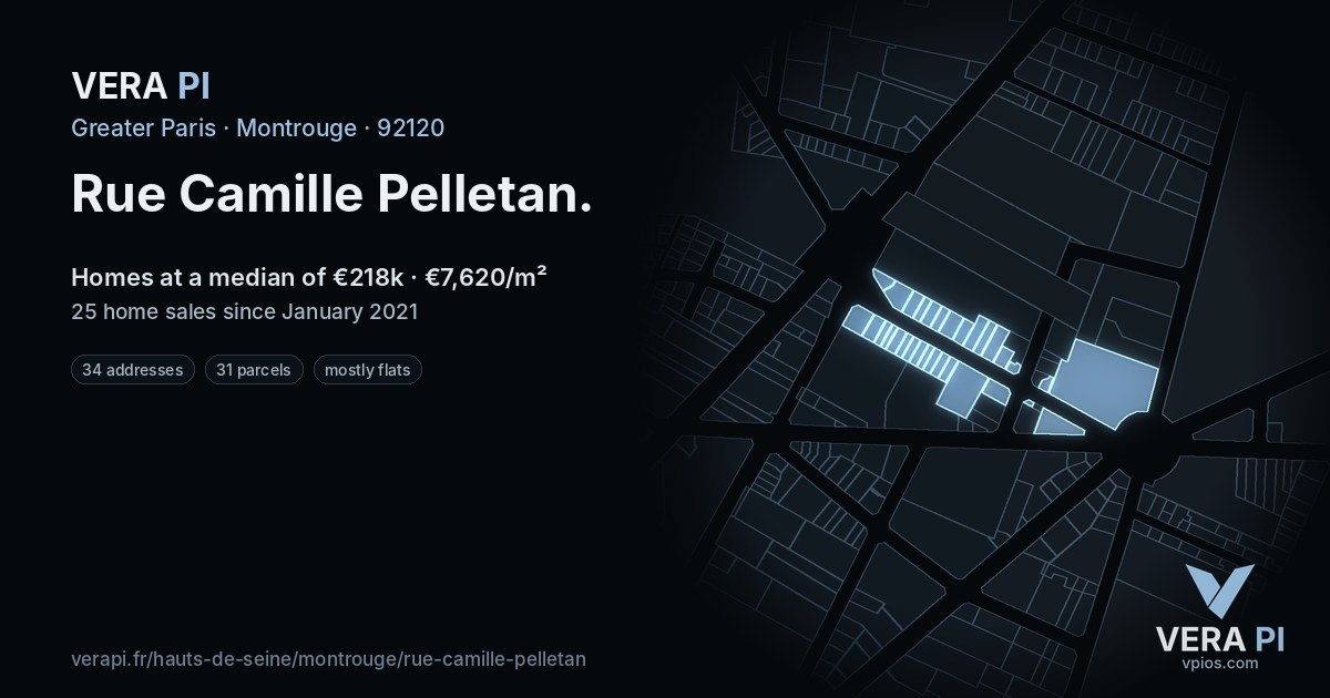 Rue Camille Pelletan, Montrouge at night – every parcel coloured by the prices around it, the street's own parcels lit