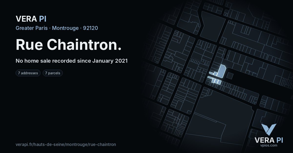 Rue Chaintron, Montrouge at night – every parcel coloured by the prices around it, the street's own parcels lit
