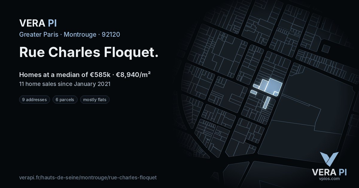 Rue Charles Floquet, Montrouge at night – every parcel coloured by the prices around it, the street's own parcels lit