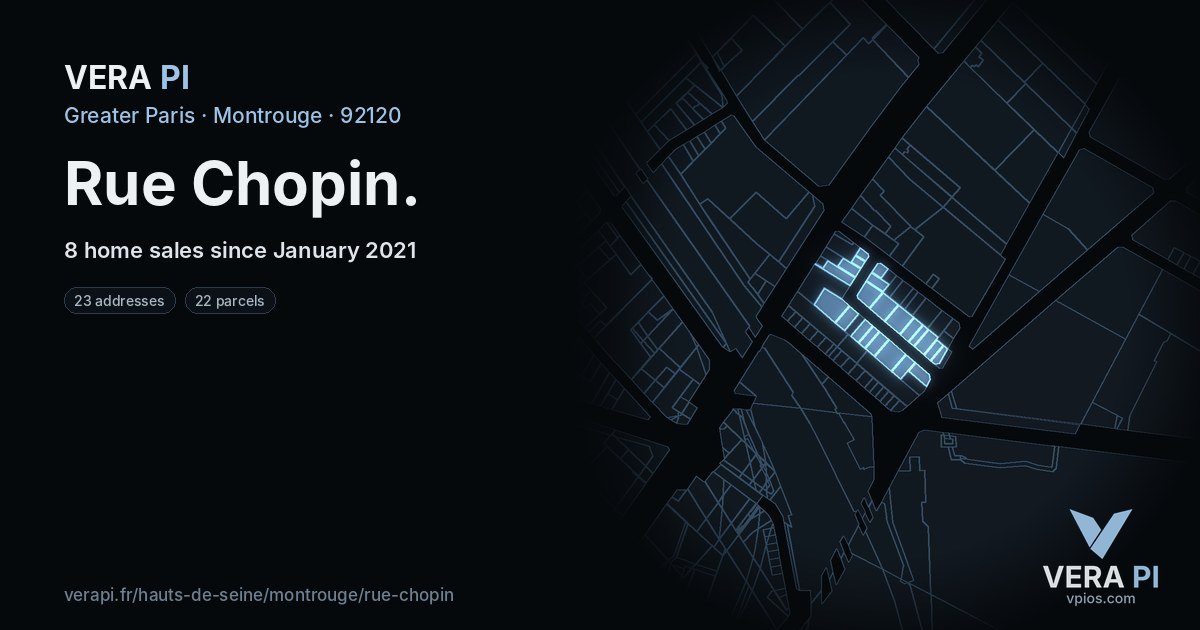 Rue Chopin, Montrouge at night – every parcel coloured by the prices around it, the street's own parcels lit