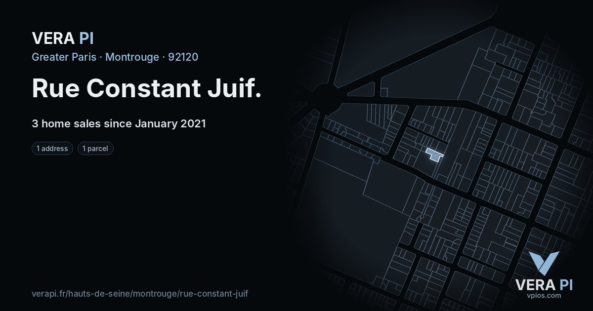 Rue Constant Juif, Montrouge at night – every parcel coloured by the prices around it, the street's own parcels lit
