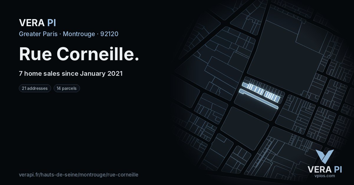 Rue Corneille, Montrouge at night – every parcel coloured by the prices around it, the street's own parcels lit