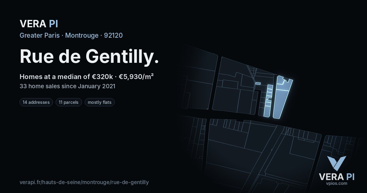 Rue de Gentilly, Montrouge at night – every parcel coloured by the prices around it, the street's own parcels lit