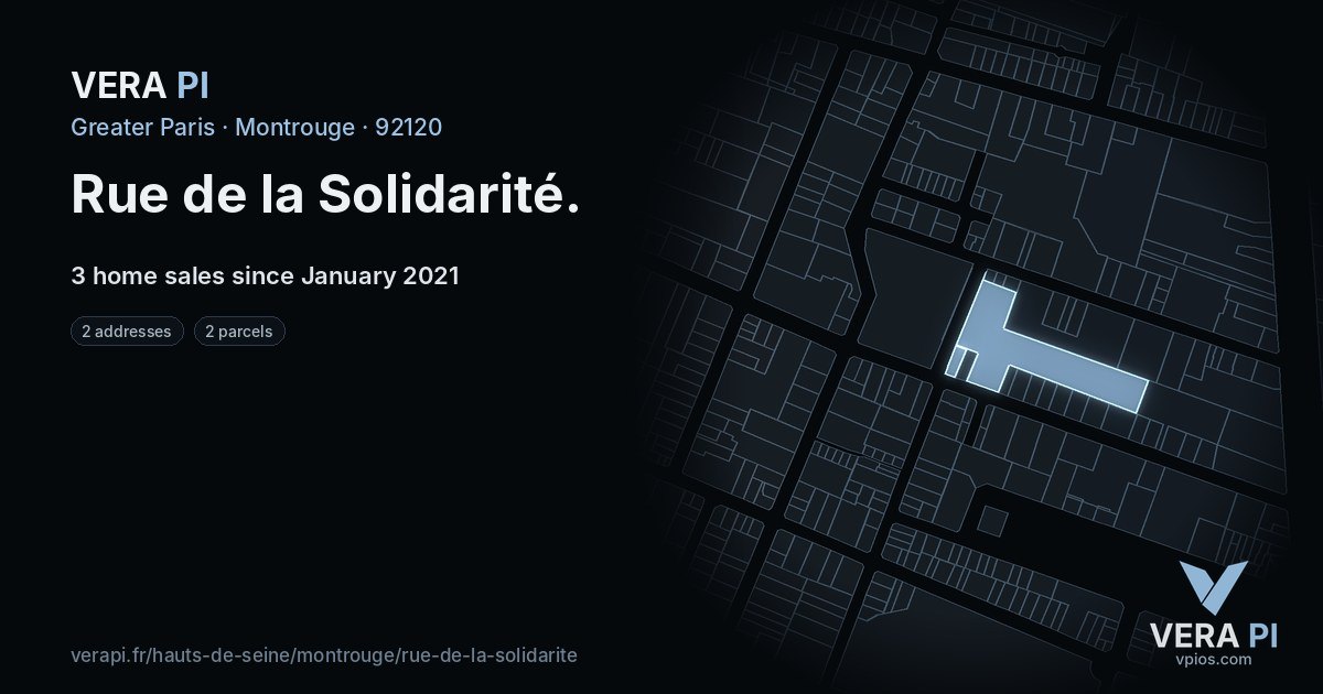 Rue de la Solidarité, Montrouge at night – every parcel coloured by the prices around it, the street's own parcels lit