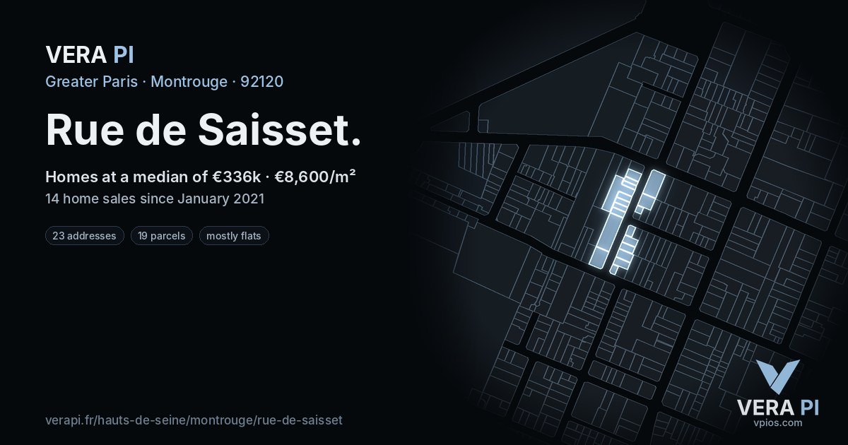 Rue de Saisset, Montrouge at night – every parcel coloured by the prices around it, the street's own parcels lit