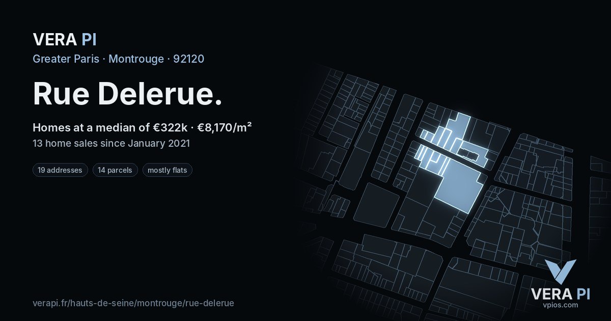 Rue Delerue, Montrouge at night – every parcel coloured by the prices around it, the street's own parcels lit