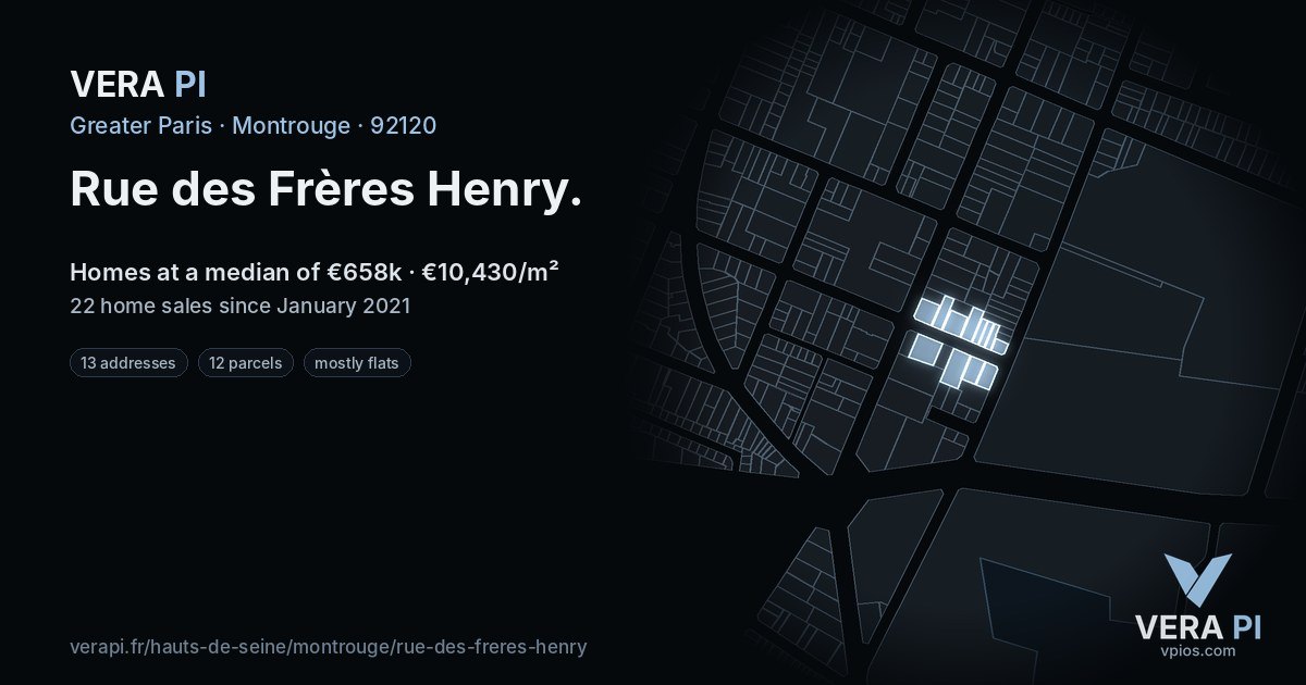 Rue des Frères Henry, Montrouge at night – every parcel coloured by the prices around it, the street's own parcels lit