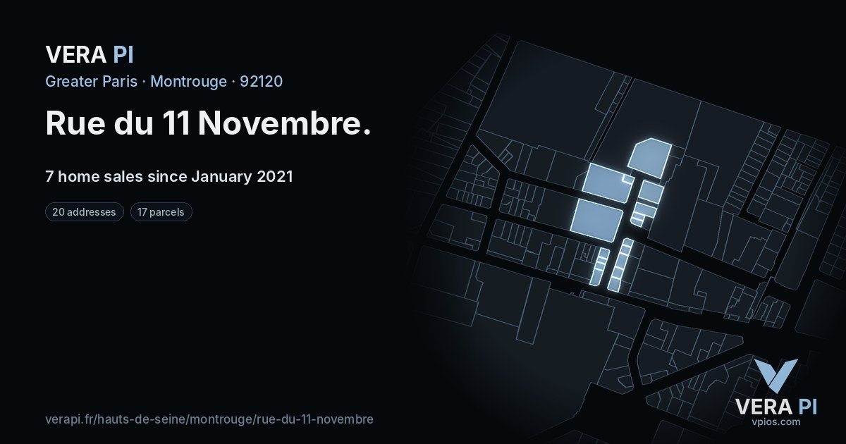 Rue du 11 Novembre, Montrouge at night – every parcel coloured by the prices around it, the street's own parcels lit