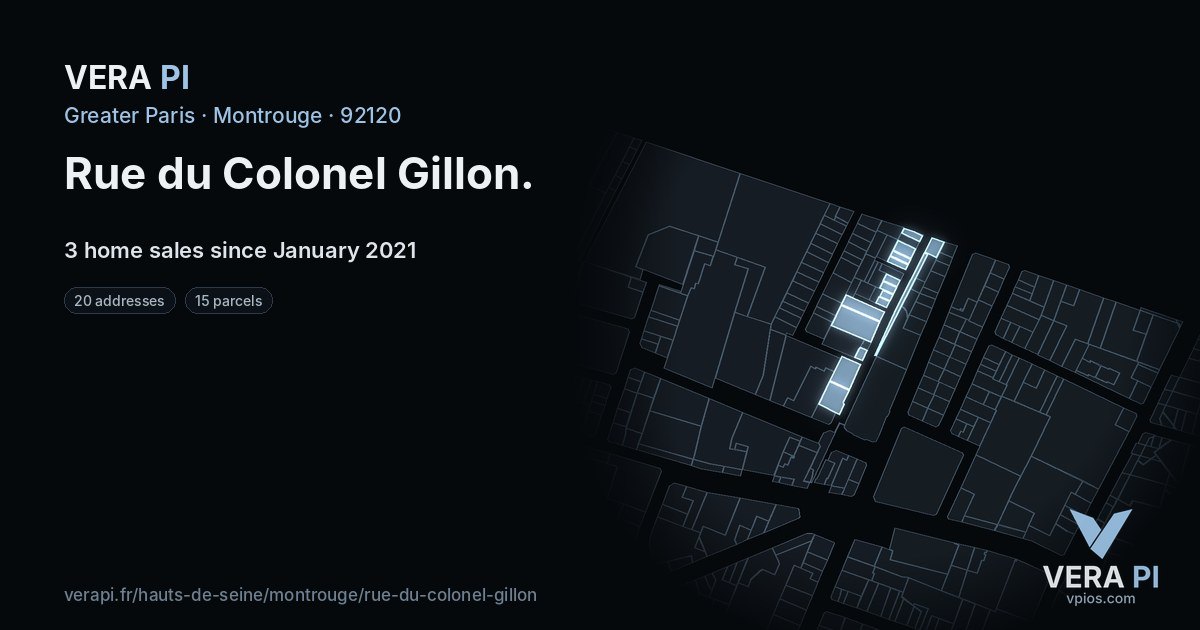Rue du Colonel Gillon, Montrouge at night – every parcel coloured by the prices around it, the street's own parcels lit