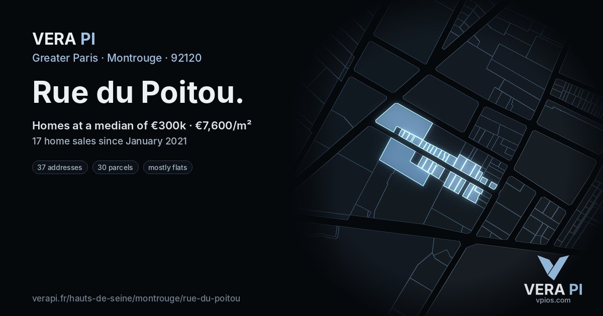 Rue du Poitou, Montrouge at night – every parcel coloured by the prices around it, the street's own parcels lit
