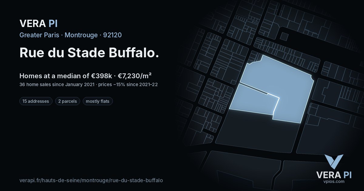 Rue du Stade Buffalo, Montrouge at night – every parcel coloured by the prices around it, the street's own parcels lit