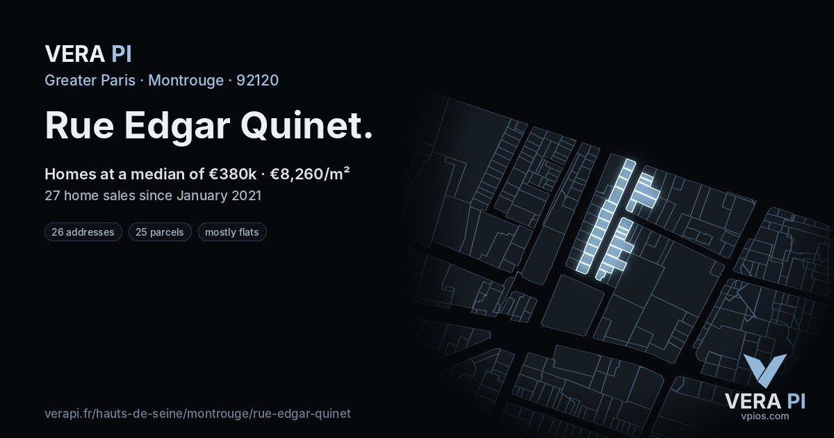 Rue Edgar Quinet, Montrouge at night – every parcel coloured by the prices around it, the street's own parcels lit