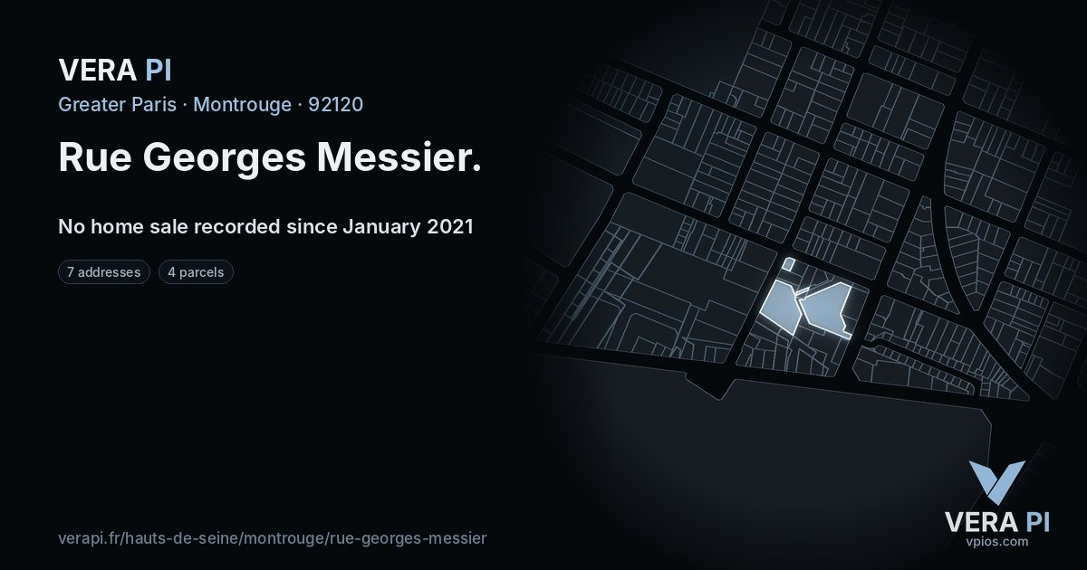 Rue Georges Messier, Montrouge at night – every parcel coloured by the prices around it, the street's own parcels lit