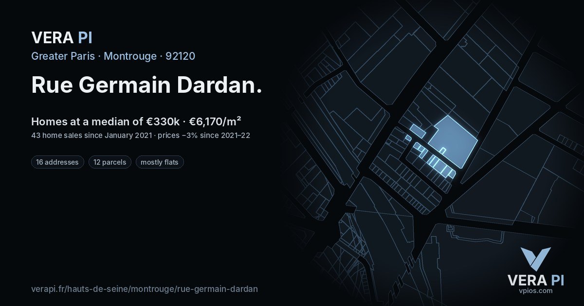 Rue Germain Dardan, Montrouge at night – every parcel coloured by the prices around it, the street's own parcels lit