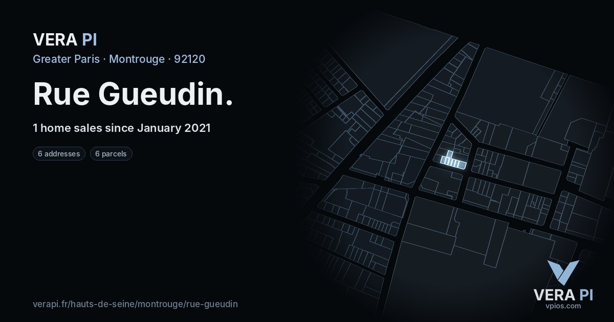 Rue Gueudin, Montrouge at night – every parcel coloured by the prices around it, the street's own parcels lit