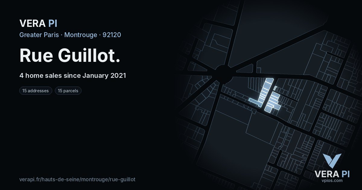 Rue Guillot, Montrouge at night – every parcel coloured by the prices around it, the street's own parcels lit