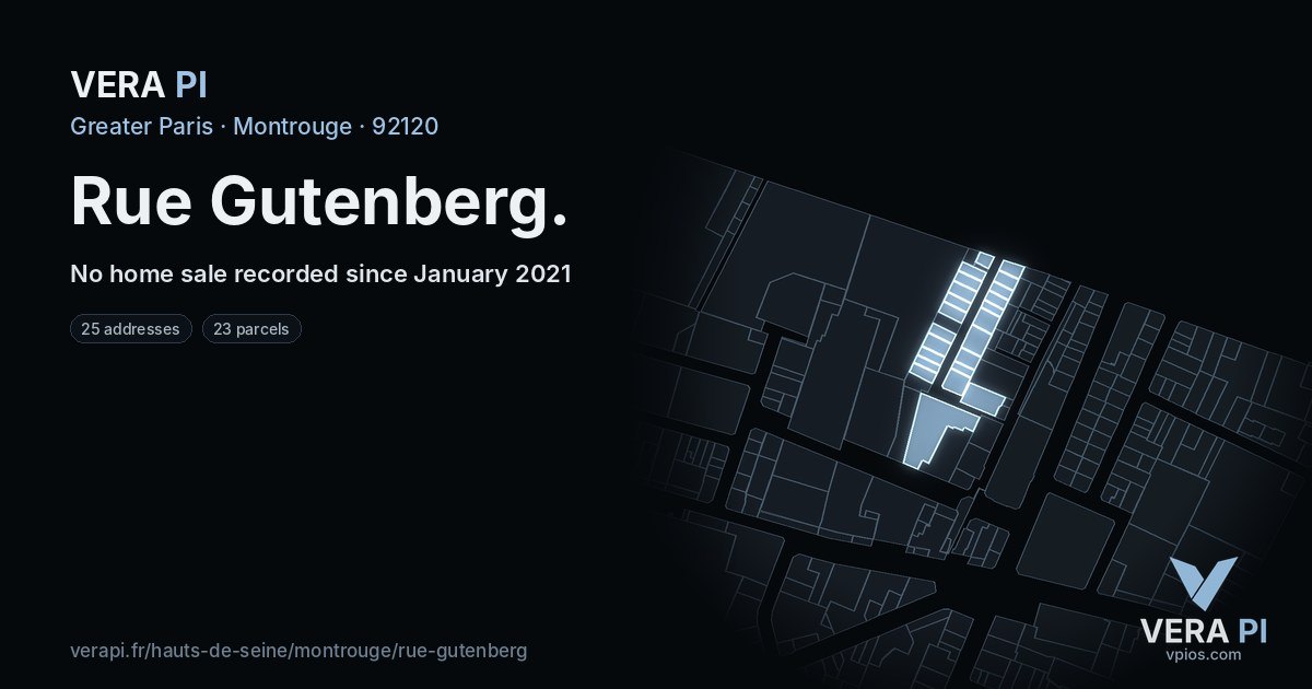 Rue Gutenberg, Montrouge at night – every parcel coloured by the prices around it, the street's own parcels lit