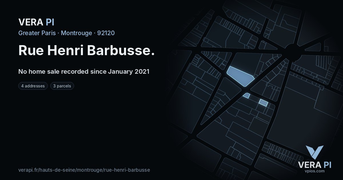 Rue Henri Barbusse, Montrouge at night – every parcel coloured by the prices around it, the street's own parcels lit