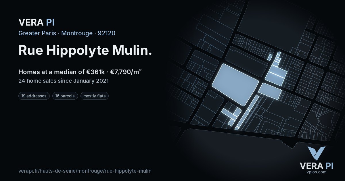 Rue Hippolyte Mulin, Montrouge at night – every parcel coloured by the prices around it, the street's own parcels lit