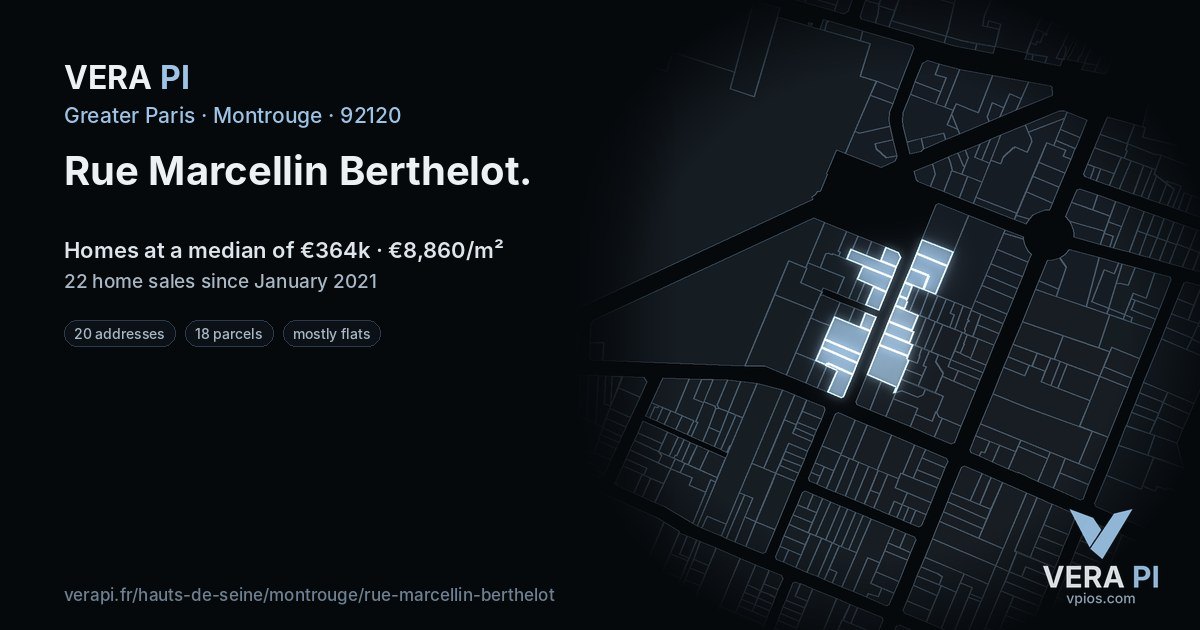 Rue Marcellin Berthelot, Montrouge at night – every parcel coloured by the prices around it, the street's own parcels lit